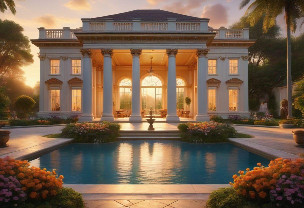 A luxurious mansion with elegant architectural features, surrounded by lush gardens and a shimmering pool. Include a stylish couple discussing estate plans by a fountain, symbolizing investment and refinement. Soft lighting at sunset creates a warm, inviting atmosphere. super-realistic. vibrant colors. 3D.