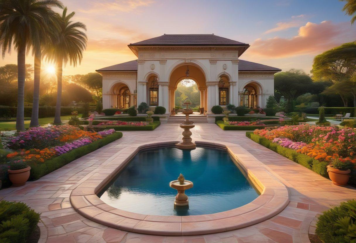 A breathtaking view of a luxurious estate surrounded by lush gardens, showcasing elegant architecture and stunning outdoor features, with sunlight casting a warm glow. Include a clear blue sky and a dramatic sunset in the background, enhancing the beauty of the property. Add subtle elements like a fountain and stylish furniture on a patio to convey opulence and comfort. super-realistic. vibrant colors.