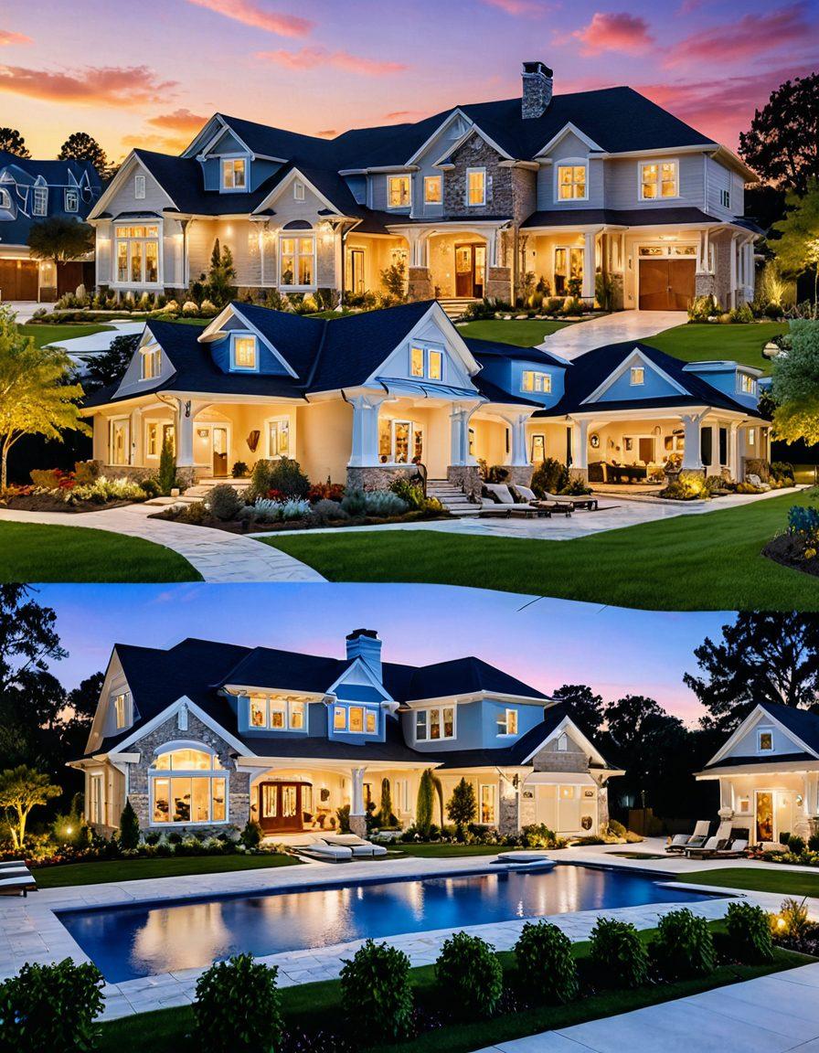 A stunning montage of luxurious homes featuring various architectural styles, set against a beautiful sunset backdrop. Include a diverse group of individuals engaged in discussions, reviewing blueprints, and using tablets as they explore properties. Add elements like 'For Sale' signs and lush gardens to emphasize the essence of home transactions. The color palette should be warm and inviting. super-realistic. vibrant colors.